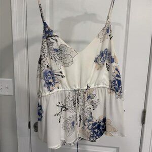 Babaton White and Blue Floral Wrap Cami Top